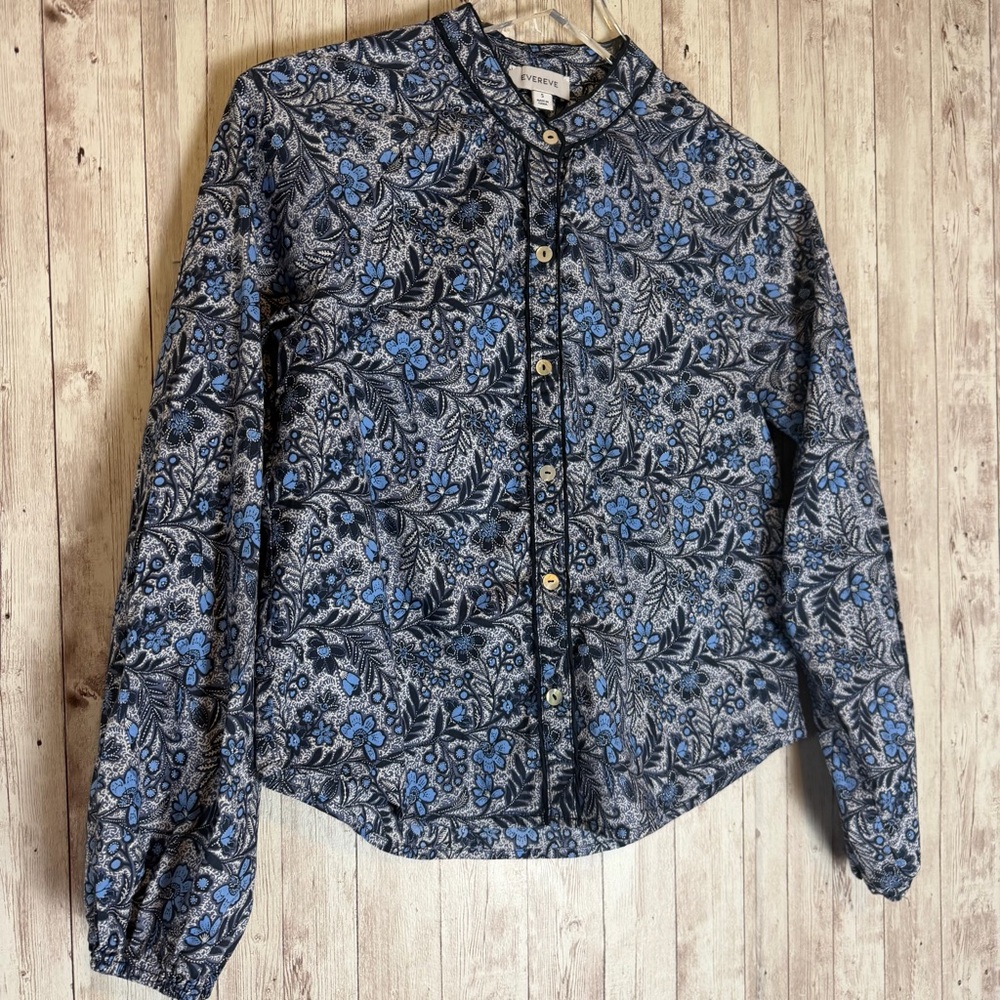 Evereve 'Sheila'  Blue Floral Batik Piped Cotton Blouse Small - Picture 3 of 9